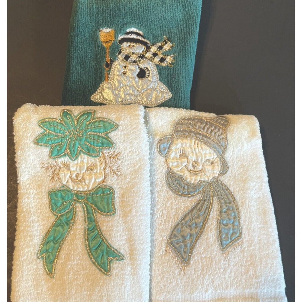 VTG Fingertip Towels Christmas Appliqued Embroidered Snowman Fringed ~ Lot Of 3